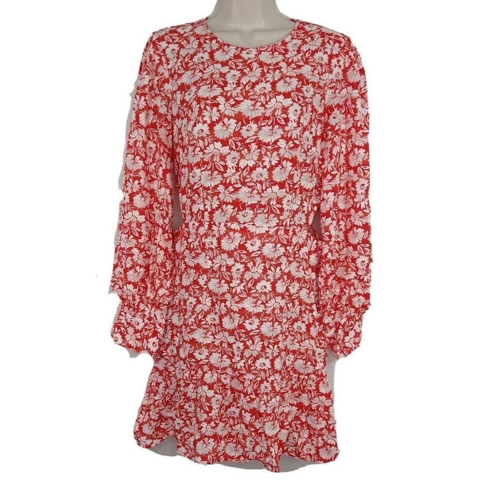 Topshop Cut Out Tea Mini Dress Women Size 6 Red Daisy Print Floral Long Slv NEW